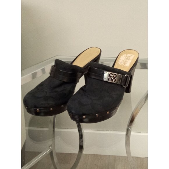 Coach Black Leather Buckle Slip On Clogs Size 5 - Picture 1 of 8